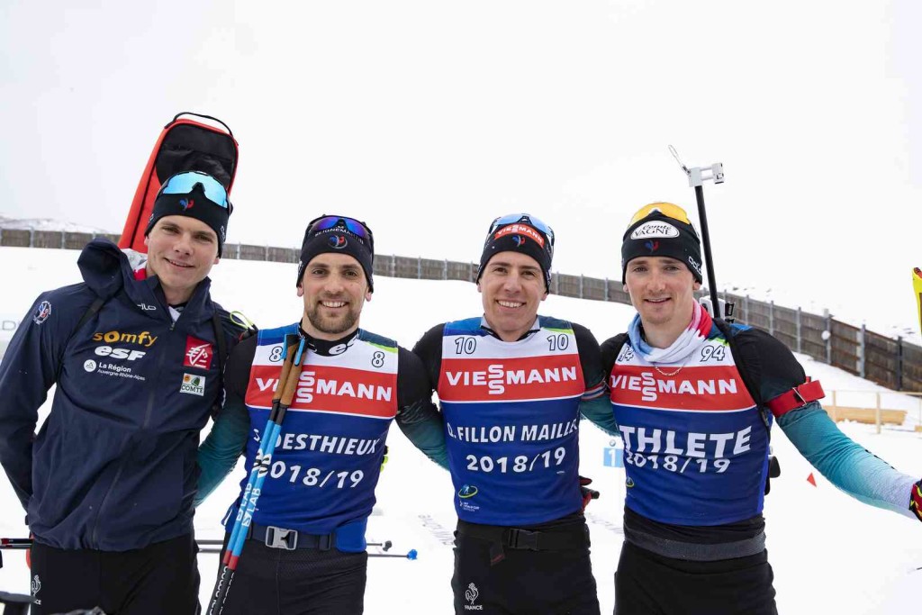 13.02.2019, Soldier Hollow, United States of America (USA): Emilien Jacquelin (FRA), Simon Desthieux (FRA), Quentin Fillon Maillet (FRA), Fabien Claude (FRA), (l-r) - IBU world cup biathlon, training, Soldier Hollow (USA). www.nordicfocus.com. © Manzoni/NordicFocus. Every downloaded picture is fee-liable.